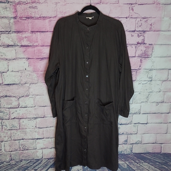 EILEEN FISHER 100% ORGANIC LINEN BUTTON FRONT SHIRT DRESS LAGENLOOK NEUTRAL 1X - Picture 1 of 13